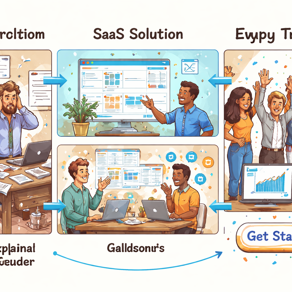 A Illustration image showing a storyboard-style SaaS explainer video workflow: left panel shows a frustrated founder, middle panels show the SaaS solution simplifying tasks, right panel shows a happy team and a CTA. Alt: Forgeclips SaaS explainer video structure illustration.