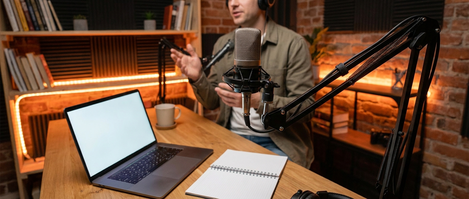 Cinematic wide-angle shot of a podcast studio setup with a professional microphone in the foreground, warm orange accent lighting, a founder's desk with a laptop and notebook visible in the background, conveying a real working environment rather than a sterile set. Alt: SaaS founder recording a podcast guest appearance in a professional studio setup.