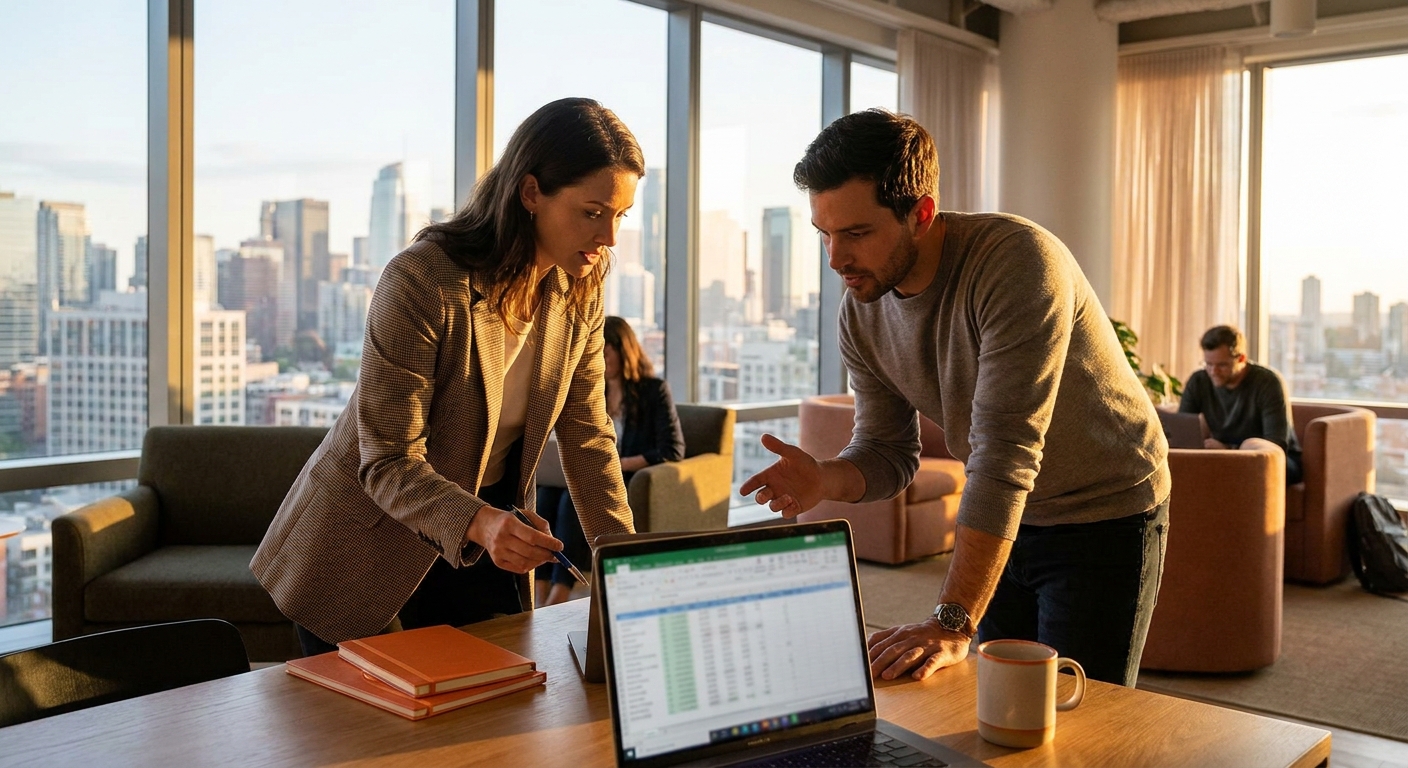 Cinematic editorial photograph of a PR strategist and a SaaS founder in a modern co-working space reviewing a media placement plan on a laptop screen, with city views through floor-to-ceiling windows, warm natural light, conveying strategic consultation rather than a generic office scene. Alt: PR firm strategist helping a SaaS founder plan tech podcast guest placements.