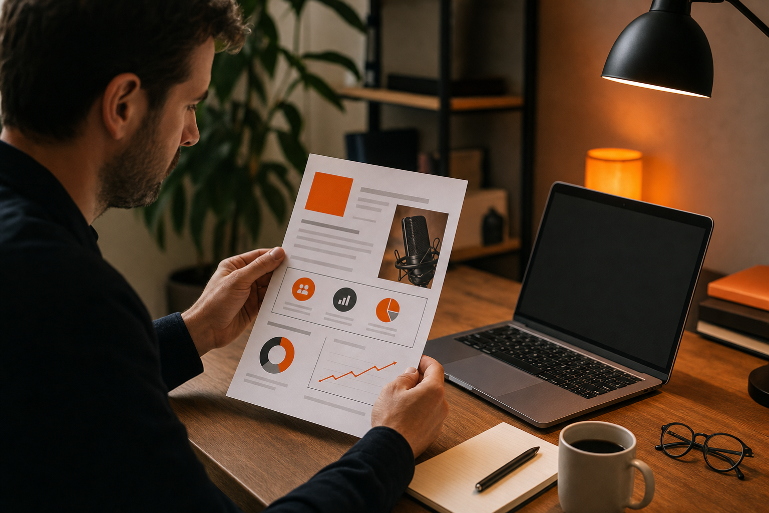 Cinematic editorial scene of a SaaS founder reviewing a clean one-page podcast sponsorship PDF beside a laptop in a warm home office, orange accent light, charts visible but no readable brand names or contact details, natural desk setting. Alt: one-page SaaS podcast sponsor deck template on a founder desk