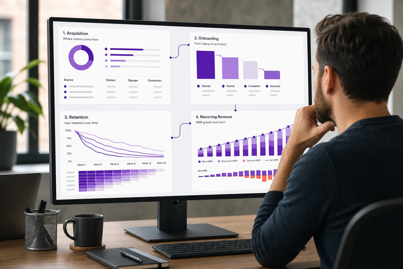 SaaS metrics dashboard connecting visits, signups, activation, churn, and MRR