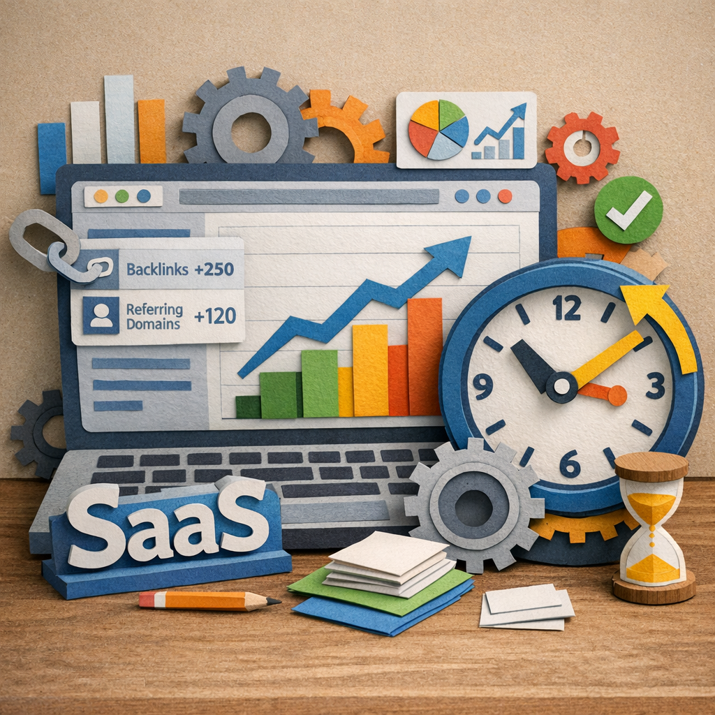 A Papercraft scene showing a digital dashboard with rising backlink graphs and a clock symbolizing timed automation, highlighting the efficiency of a SaaS link building agency for marketers.