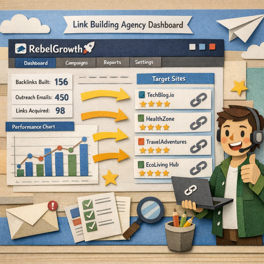 Papercraft illustration of a SaaS link building agency dashboard showing RebelGrowth interface, arrows pointing to target sites, and a happy marketer, Alt: SaaS link building agency platform overview