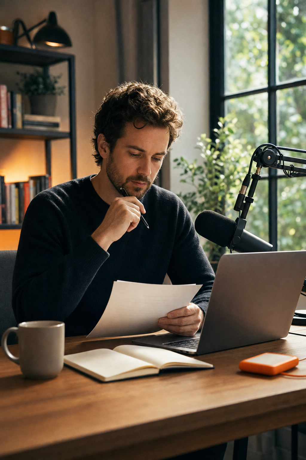 A founder sitting at a desk with a microphone and laptop, reviewing notes from a podcast interview. Natural light from a window. Cinematic style. Alt: SaaS founder recording podcast episode for Profitable Founder Podcast
