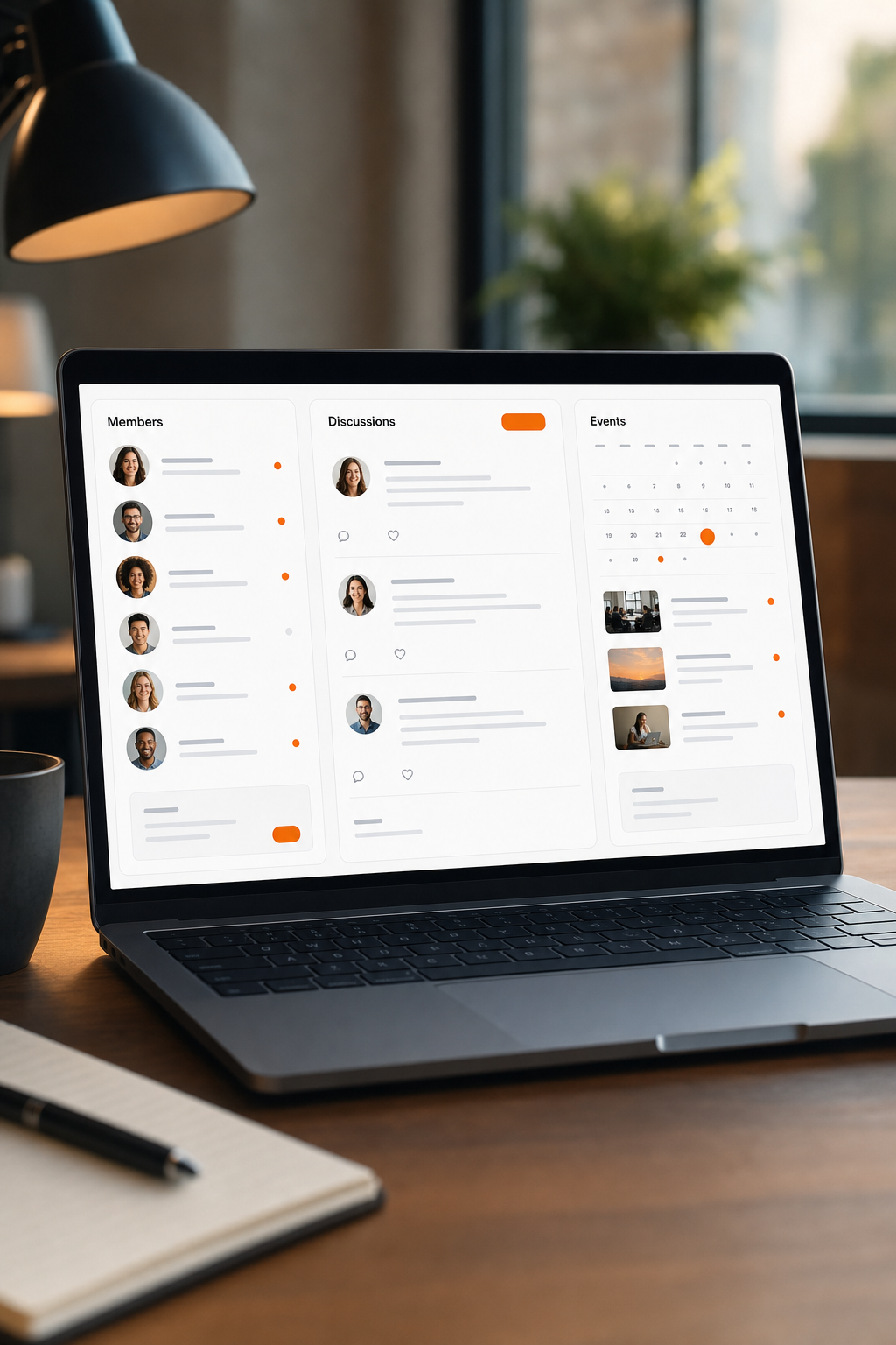 A dashboard of a community platform showing member profiles, discussion threads, and a calendar of events. Clean, modern UI. Cinematic style. Alt: white-label community platform dashboard for SaaS mastermind