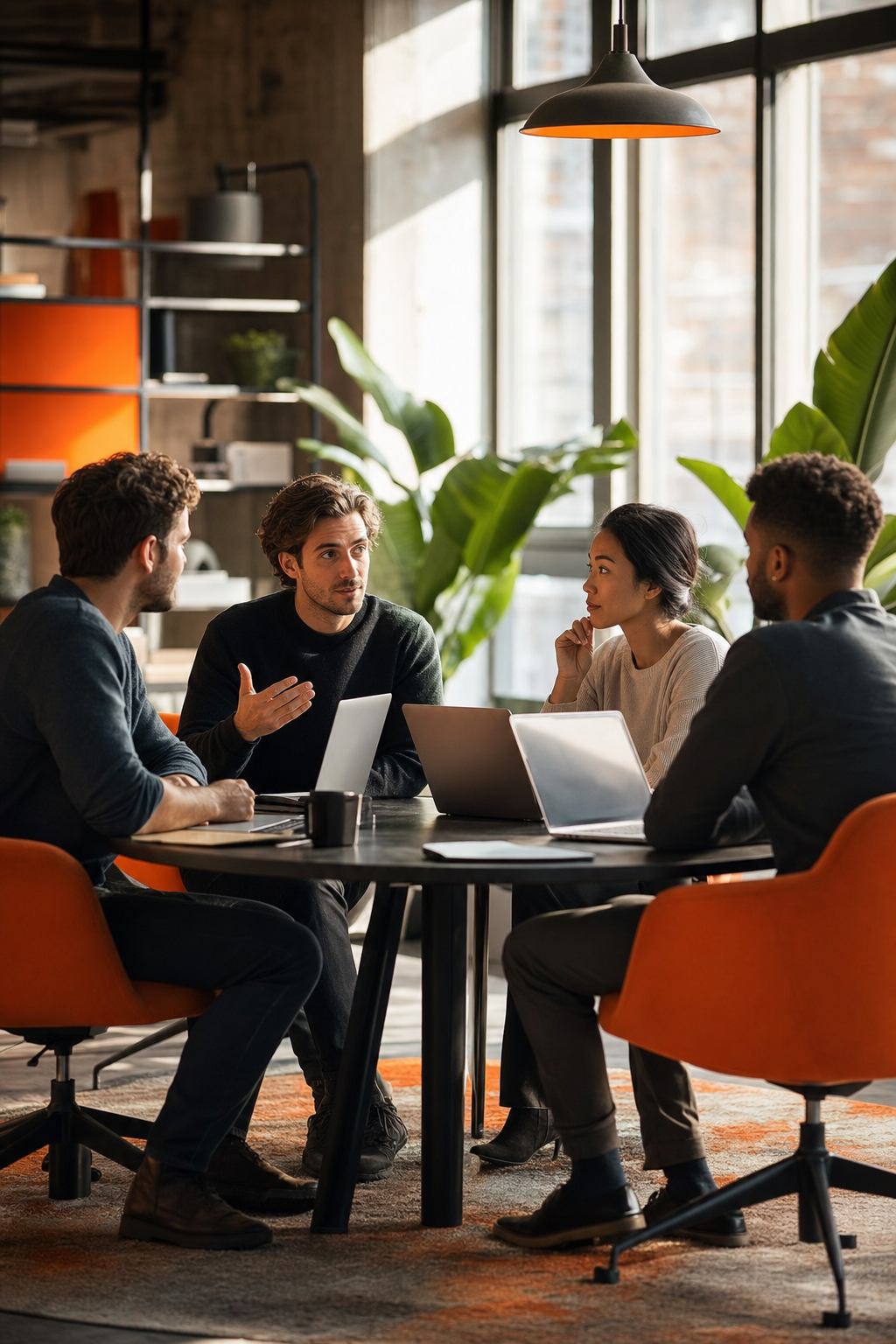 Cinematic scene of four entrepreneurs seated around a small table in a sunlit modern workspace, laptops open, engaged in focused discussion, orange accent lighting, warm collaborative atmosphere. Alt: SaaS founders in a mastermind accountability session discussing MRR growth strategies.
