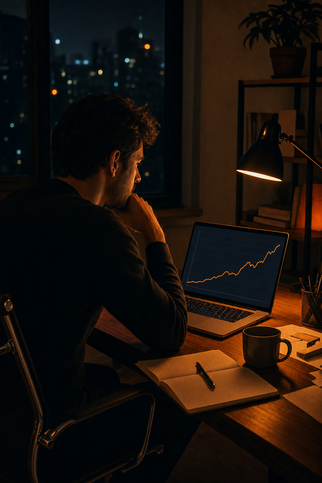 Cinematic image of a lone entrepreneur sitting at a desk late at night in a dimly lit home office, staring at a laptop screen showing a revenue chart, orange desk lamp casting warm light, isolated and contemplative mood. Alt: Solo SaaS founder experiencing isolation while trying to grow MRR alone.