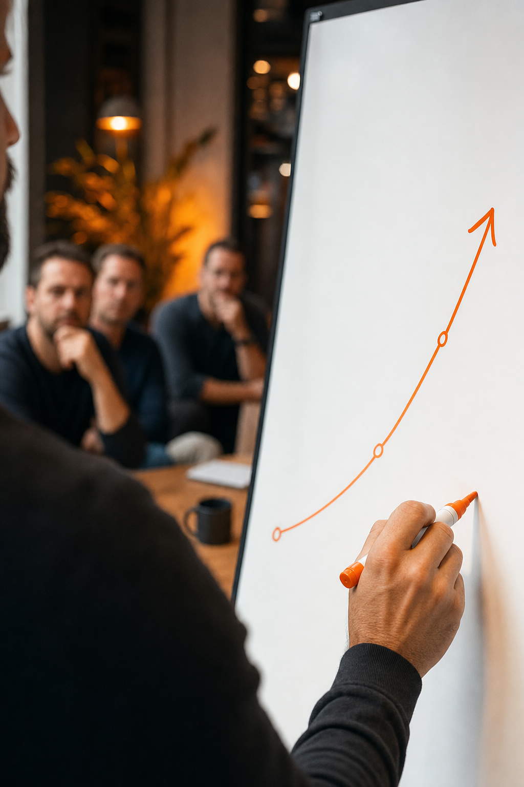 Cinematic close-up of a founder's hands drawing a growth curve on a whiteboard during a mastermind hot seat session, orange marker on white surface, blurred peers in background. Alt: SaaS mastermind hot seat session showing MRR growth strategy breakthrough moment.
