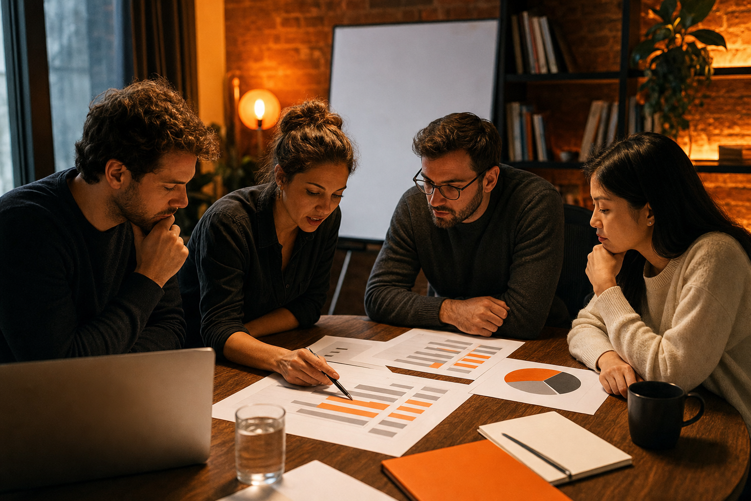 Cinematic scene of a small group of SaaS founders around a table, reviewing MRR ranges on paper charts in a warm coworking room, orange accent light, focused expressions, no readable logos or phone numbers. Alt: SaaS founder mastermind membership pricing tiers by MRR stage