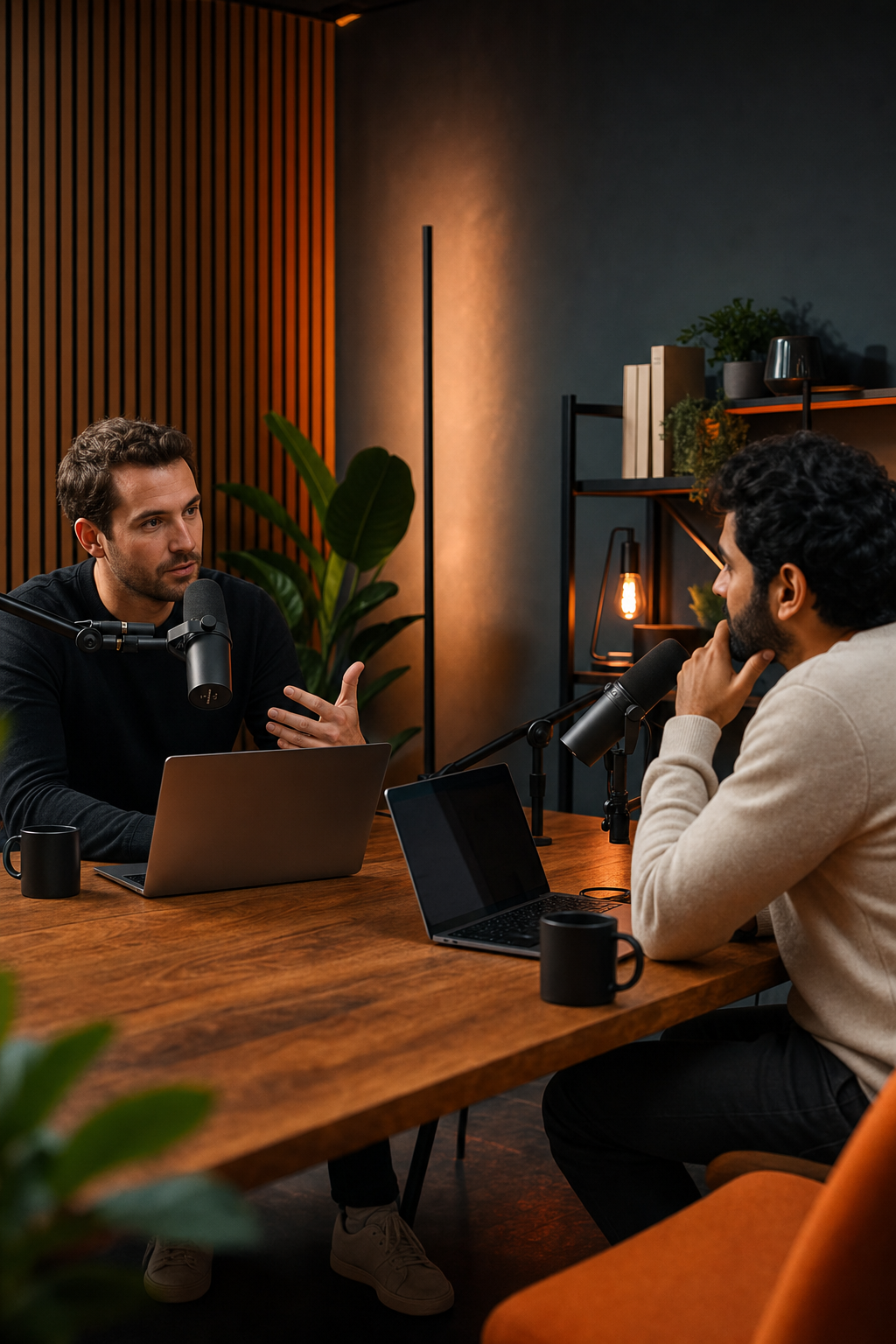 A founder recording a podcast with a guest, both looking at a laptop showing revenue charts. Alt: SaaS founder podcast recording mastermind pricing discussion