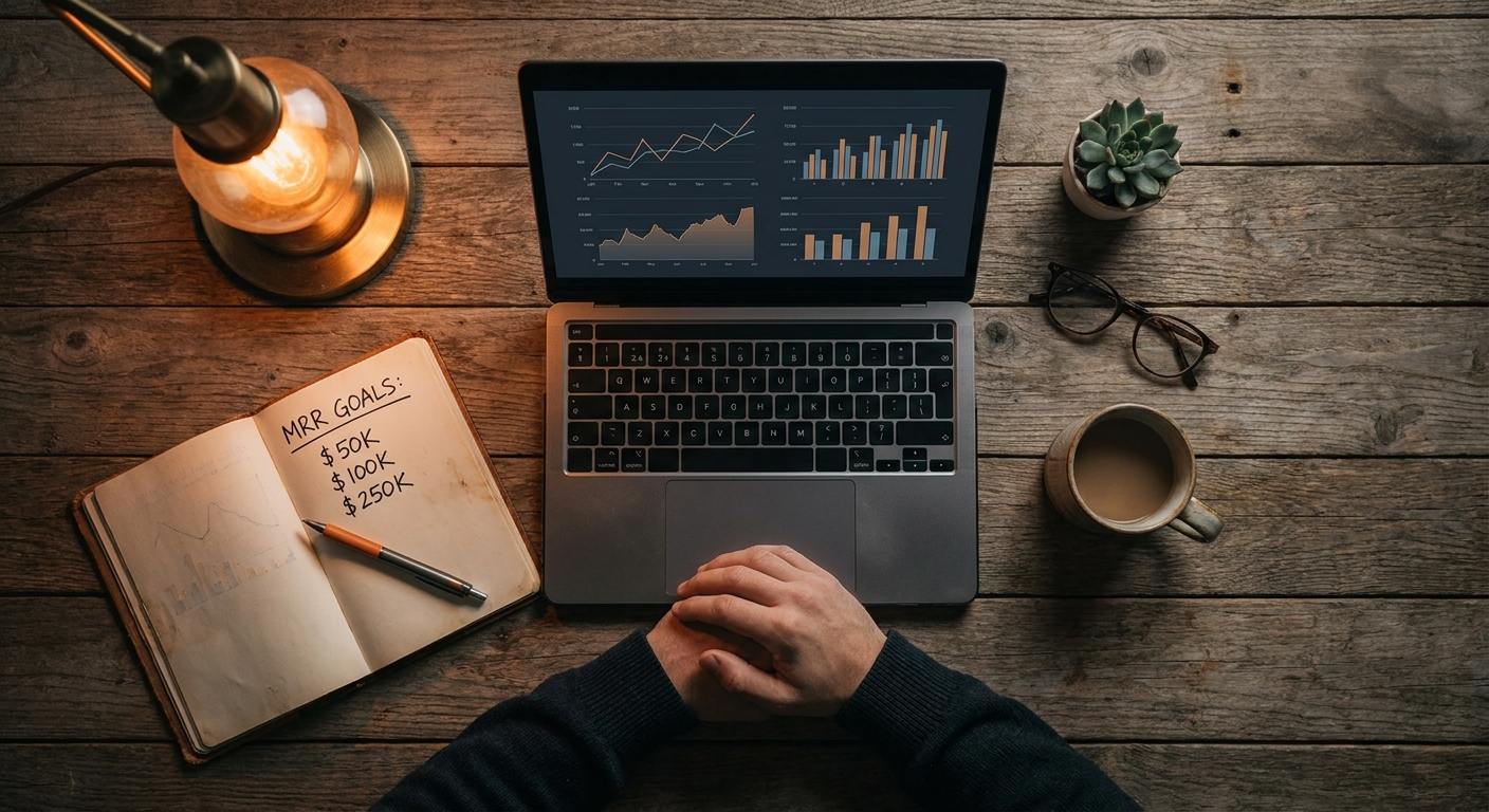 A cinematic overhead shot of a SaaS founder at a wooden desk, laptop open with revenue charts visible on screen, warm orange light from a desk lamp, notebook with MRR goals beside the keyboard, realistic and editorial in feel. Alt: SaaS founder reviewing mastermind pricing calculator on laptop.