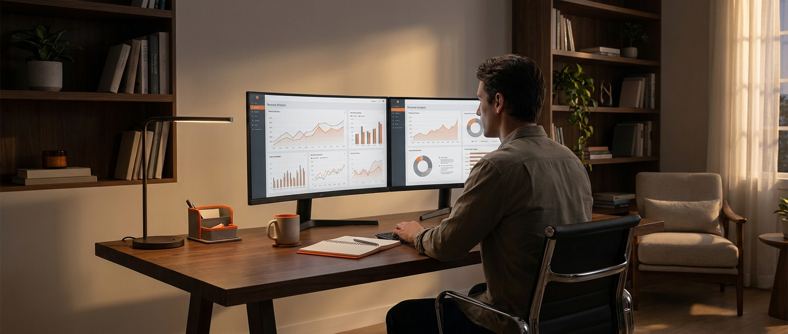A cinematic wide-angle view of a modern home office with dual monitors showing revenue dashboard graphs, dark wood desk, soft side lighting, a SaaS founder reviewing subscription metrics, editorial and professional in feel. Alt: SaaS founder using free pricing analytics dashboard to model mastermind revenue.