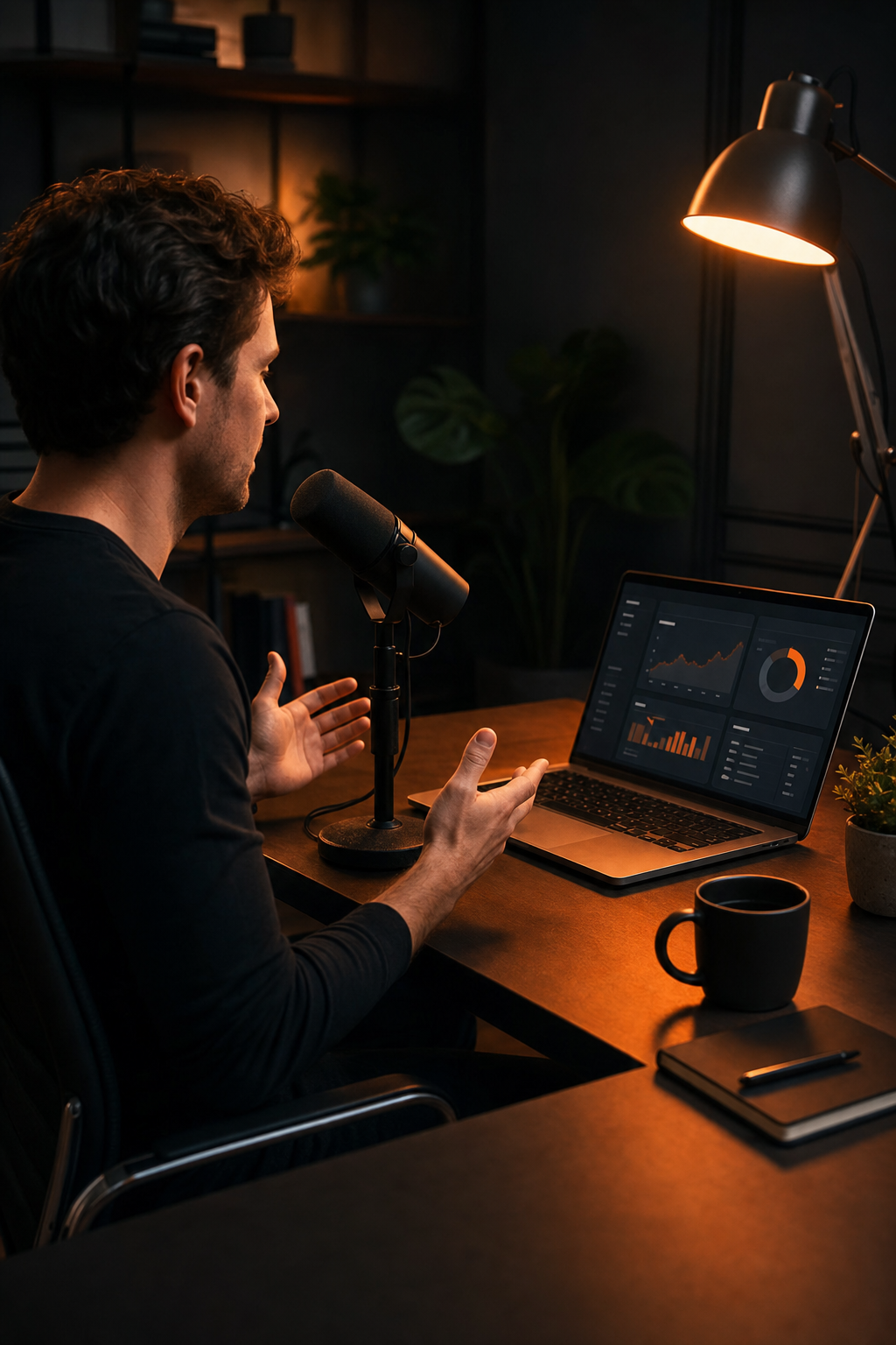 Cinematic wide shot of a founder at a minimalist desk recording a podcast, warm orange accent lighting from a single lamp, microphone in frame, laptop with SaaS dashboard visible, dark moody background suggesting focused late-night work. Alt: SaaS founder recording mastermind podcast episode in home studio setup.