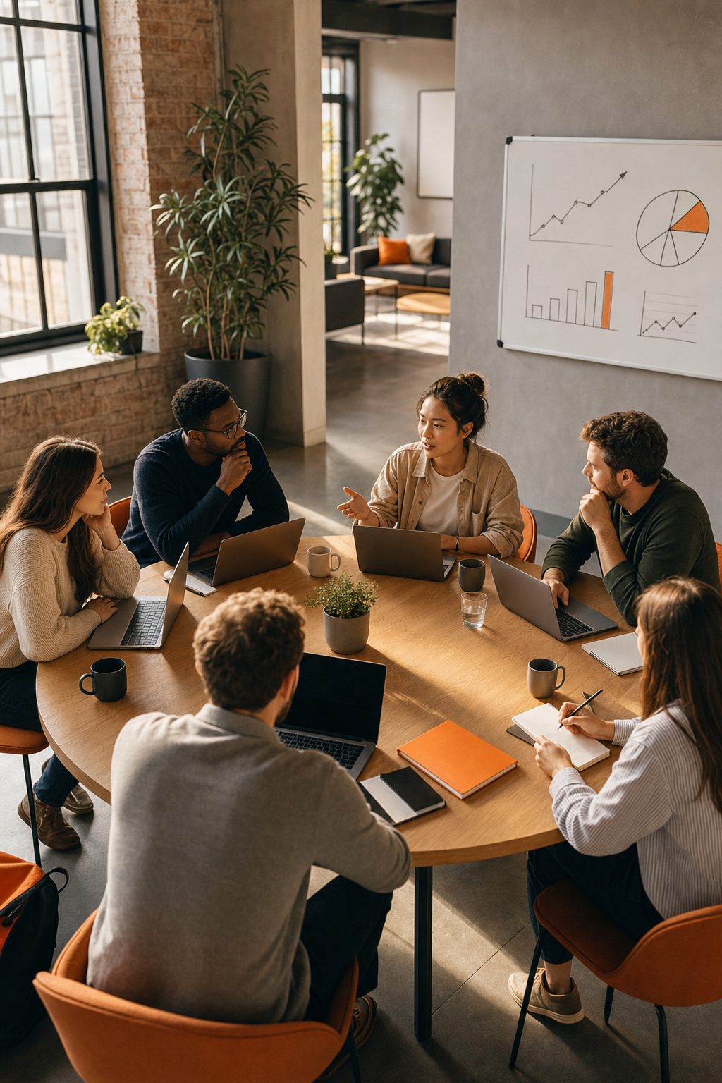 Cinematic aerial view of a small group of six founders seated around a round table in a modern co-working space, natural light from large windows, laptops open, whiteboard with SaaS growth metrics visible in background, warm amber tones. Alt: SaaS mastermind cohort founders collaborating in annual program session.