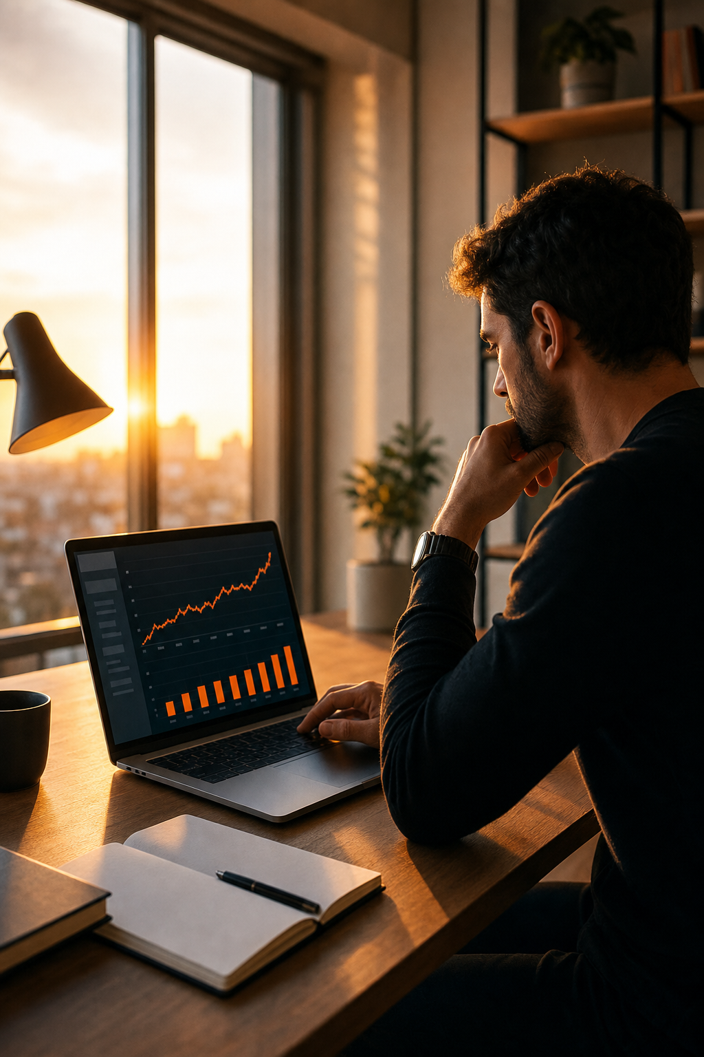 Cinematic shot of a founder at a clean desk, reviewing growth charts on a laptop screen at golden hour, warm orange light casting long shadows across the room, focused and determined expression. Alt: SaaS founder reviewing MRR growth in a mastermind community setting.