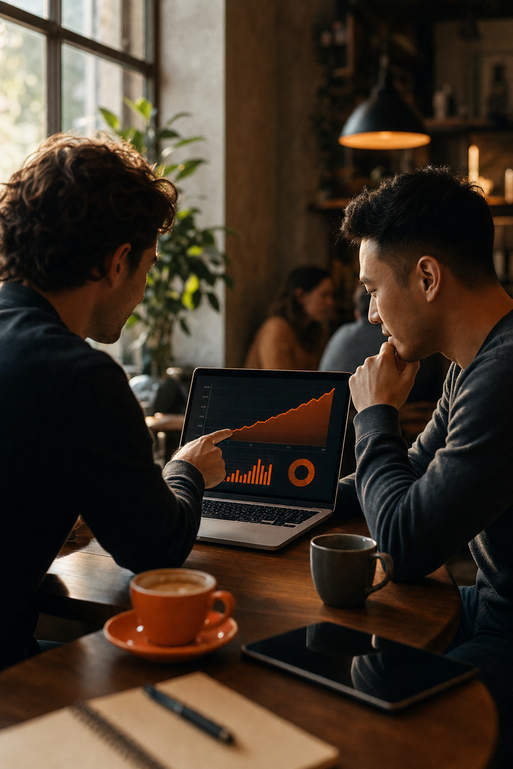 Cinematic scene of two early-stage founders meeting at a coffee shop, laptops open, pointing at a shared screen showing MRR growth charts, warm ambient light, collaborative and energetic mood. Alt: Early-stage SaaS founders in an accountability mastermind session sharing growth metrics.