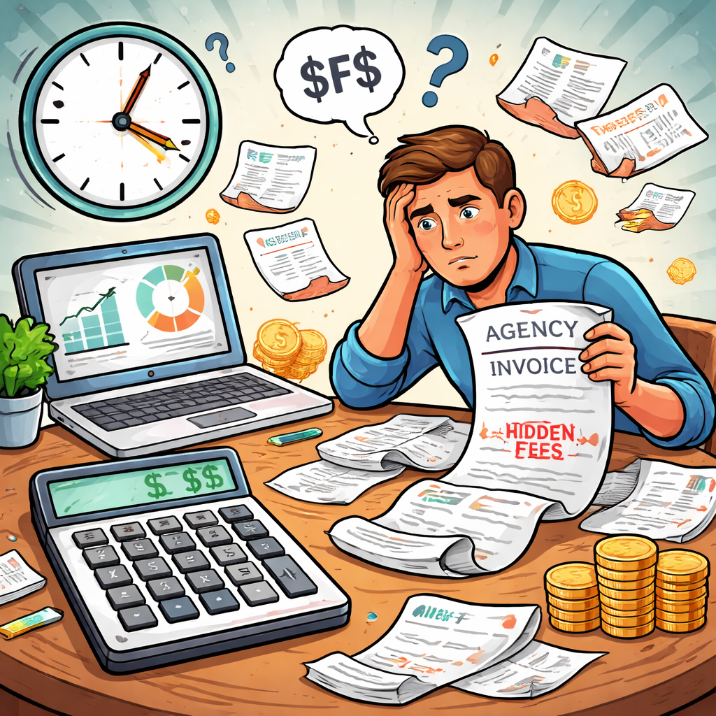 An illustration showing a SaaS founder at a desk surrounded by a calculator, a clock ticking, and a broken agency invoice, highlighting hidden costs and time waste in video production. Alt: SaaS video cost calculator problem illustration for founders and product teams