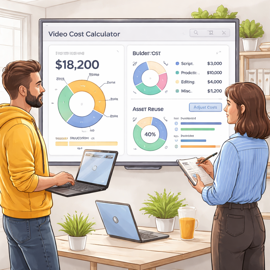An illustration of a SaaS founder and product manager looking at a digital dashboard displaying a video cost calculator, with charts showing budget, timeline, and asset reuse. The scene is clean, hand‑drawn style, emphasizing clarity and collaboration. Alt: SaaS video cost calculator dashboard illustration.