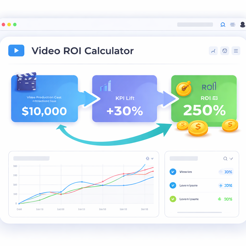 An illustration of a SaaS product dashboard showing a video ROI calculator widget, with arrows linking video production cost, KPI lift, and ROI percentage, styled in clean digital illustration, appealing to SaaS founders and product managers. Alt: SaaS video ROI calculator dashboard illustration.