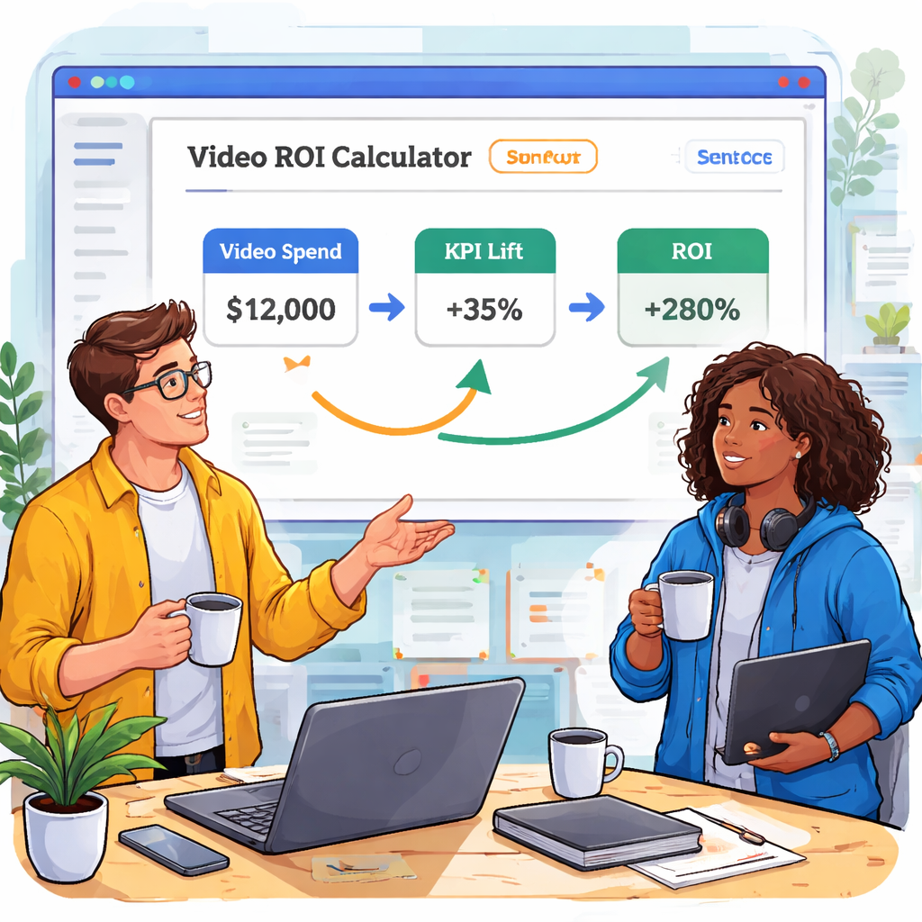 Illustration of a SaaS dashboard showing a video ROI calculator widget, with arrows linking video production cost, KPI lift, and ROI percentage, featuring a product manager and a developer discussing the numbers over coffee. Alt: SaaS video ROI calculator illustration showing data flow from video spend to ROI outcome.