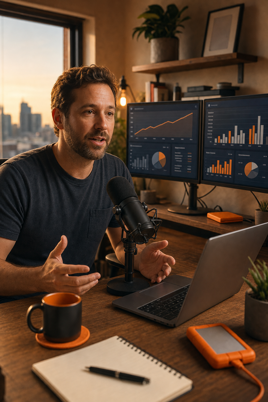 Cinematic wide shot of a bootstrapped SaaS founder recording a podcast in a warm home office at golden hour, dual monitors glowing with MRR dashboards in the background, a professional microphone in the foreground, brand orange accents on desk accessories. Alt: SaaS founder recording the Profitable Founder Podcast, best podcast for bootstrapped founders targeting $5K to $50K MRR.