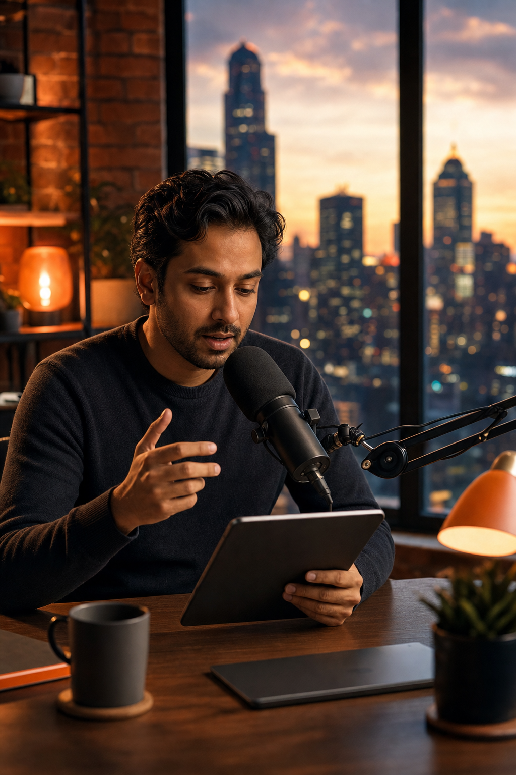 Cinematic scene of a podcast studio with warm amber lighting, a founder at a microphone reviewing notes on a tablet, with a city skyline visible through a window behind them. Alt: SaaS founder recording a podcast episode for bootstrapped founder audience.