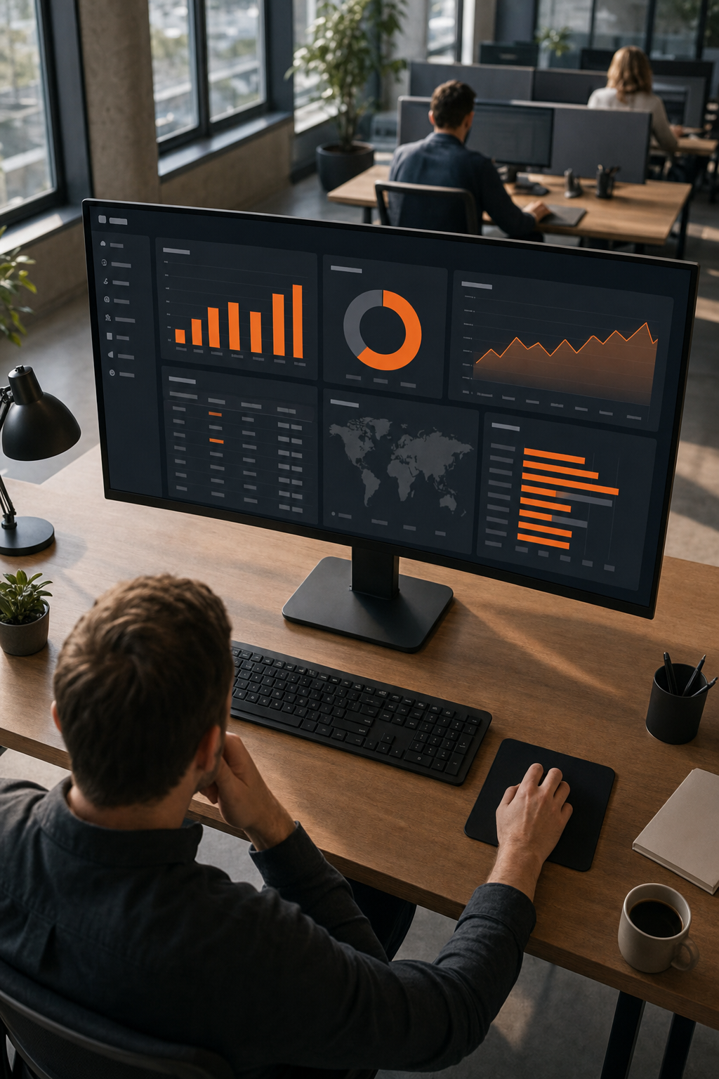 Cinematic overhead view of a digital marketing operations dashboard on a widescreen monitor, showing podcast network analytics and CPM graphs in a modern open-plan office with natural light. Alt: Programmatic podcast advertising dashboard showing CPM rates and SaaS campaign analytics.