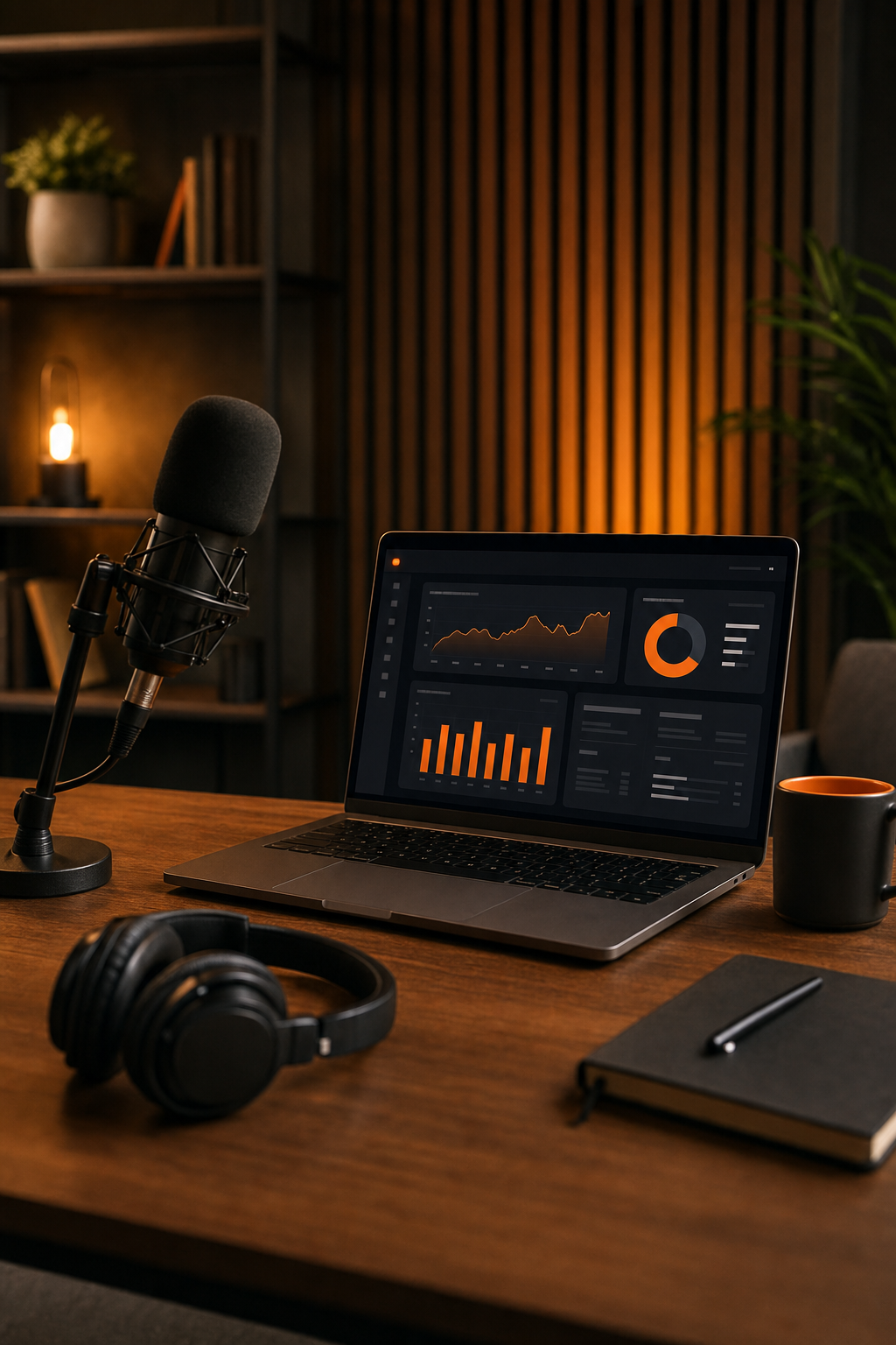 A podcast recording setup with a microphone, headphones, and a laptop displaying a SaaS dashboard. The scene is warm and professional. Alt: SaaS podcast recording studio setup with analytics on screen