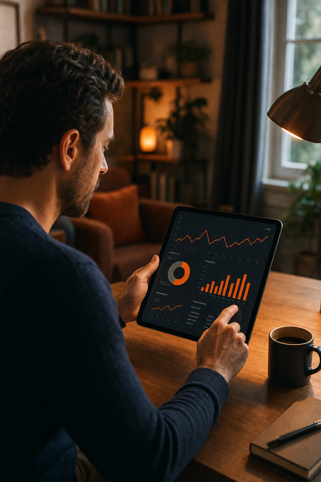A SaaS founder reviewing podcast sponsorship analytics on a tablet, with a coffee cup nearby. The background shows a cozy home office. Alt: SaaS founder analyzing podcast ad performance metrics