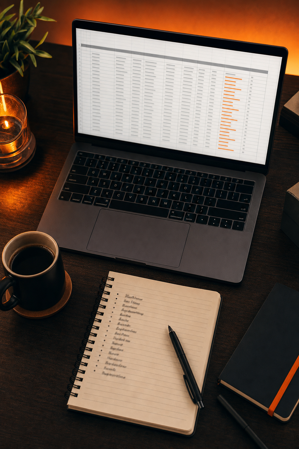 Cinematic overhead shot of a founder's desk with a laptop showing a spreadsheet of SaaS affiliate programs, a notebook with handwritten tool names, and a coffee cup, warm orange accent lighting on a dark wood surface. Alt: SaaS podcast affiliate program research on a founder's desk