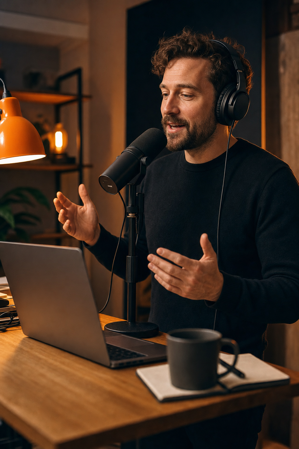 Cinematic close-up of a podcast host recording at a standing desk, speaking naturally into a microphone, laptop open with show notes visible, orange desk lamp casting warm light on the scene, relaxed and authentic atmosphere. Alt: SaaS podcast host naturally integrating affiliate promotion into episode recording