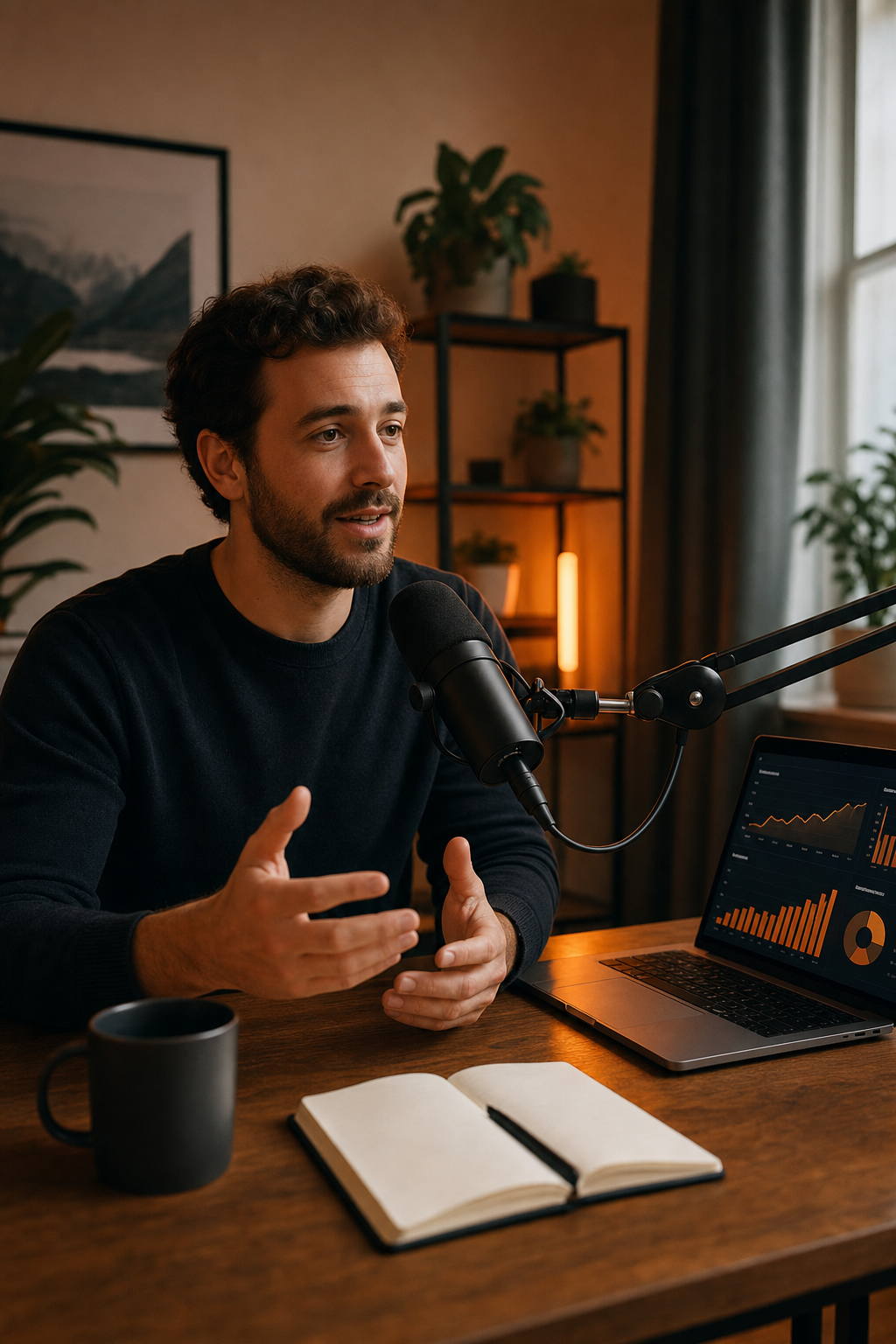 Cinematic scene of a bootstrapped SaaS founder recording a podcast interview in a warm, minimal home studio, orange accent lighting, microphone in focus, laptop open with metrics on screen. Alt: SaaS founder podcast guest outreach service for bootstrapped founders.