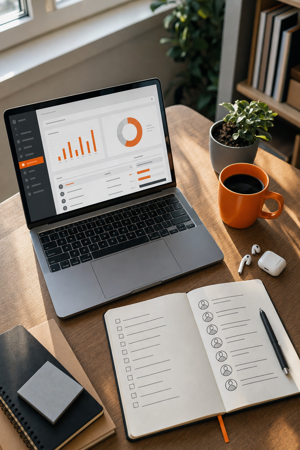 Cinematic overhead shot of a SaaS founder's desk with a laptop open showing a podcast outreach dashboard, a notebook with a show list, orange coffee mug, and earbuds. Natural window light. Alt: podcast guest outreach software for SaaS founders DIY pricing.