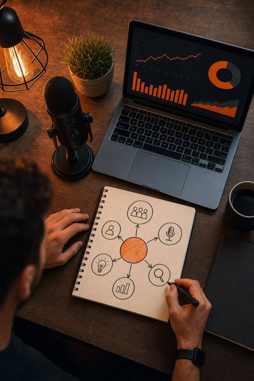 Cinematic overhead shot of a SaaS founder's desk with a podcast microphone, notebook with a niche focus map sketched in marker, and a laptop open to an analytics dashboard, warm orange accent lighting, natural wood textures. Alt: SaaS founder planning podcast niche strategy before monetizing.