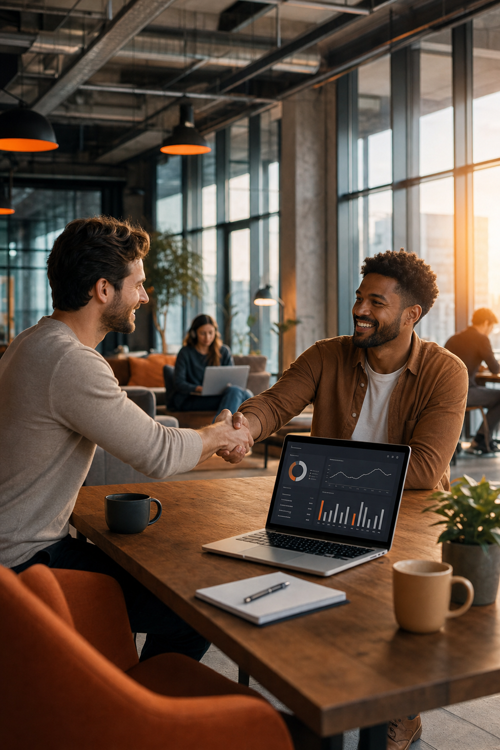Cinematic wide-angle shot of two SaaS founders in a bright modern co-working space shaking hands across a table with a laptop showing a partnership dashboard, orange accent lighting through floor-to-ceiling windows. Alt: SaaS founders forming a strategic affiliate partnership for podcast revenue.