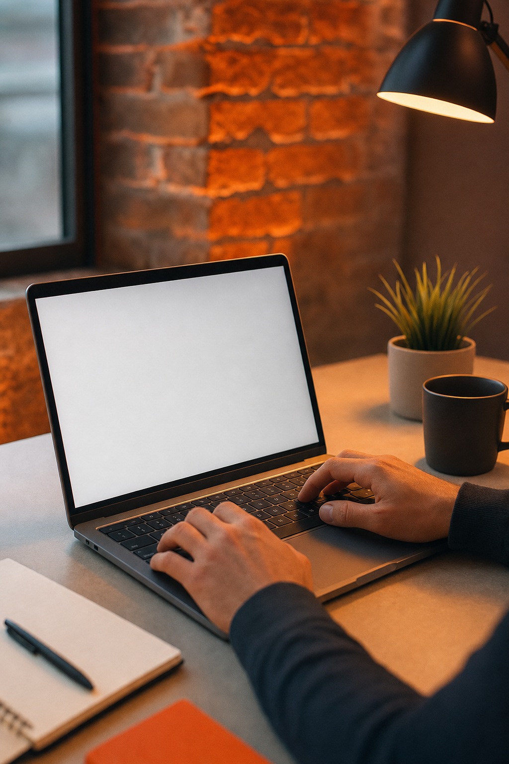 Cinematic close-up of a founder's hands typing a focused email on a laptop at a minimalist desk, warm orange accent lighting, brick wall background suggesting a startup workspace. Alt: SaaS founder writing a podcast sponsorship outreach email at a startup desk.