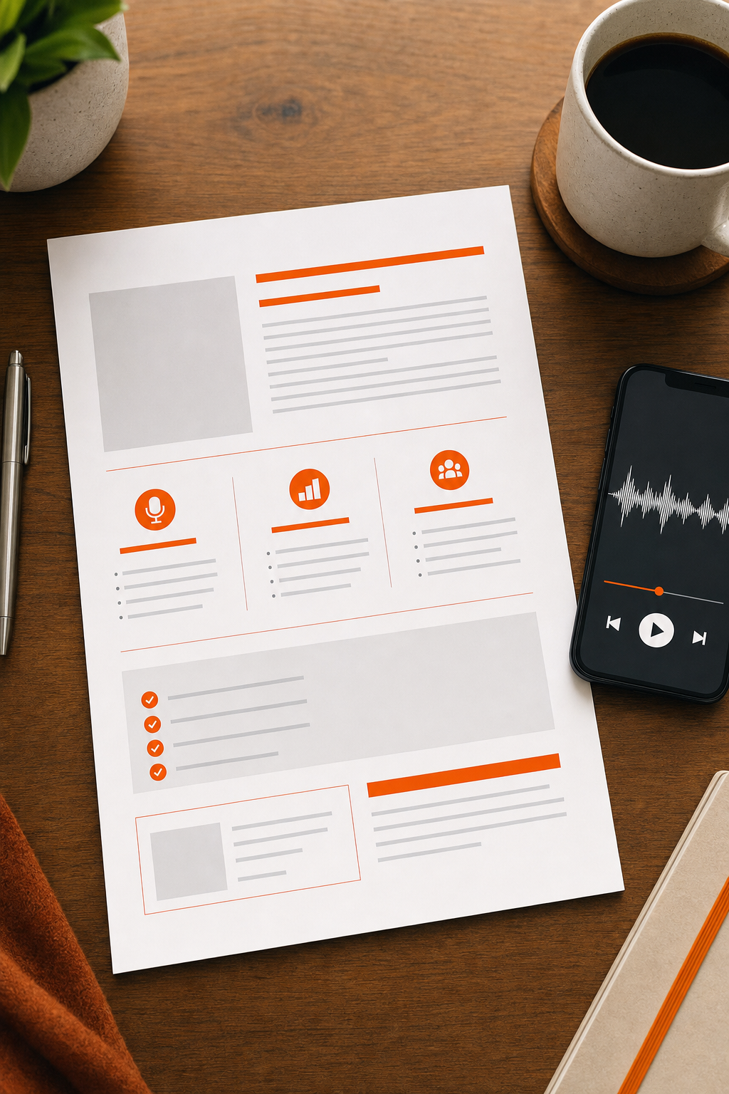 Cinematic flat-lay of a clean one-page sponsorship document on a wooden desk beside a coffee cup and a smartphone showing a podcast waveform, warm orange tones, sharp focus. Alt: SaaS podcast sponsorship one-pager pitch document template on a desk.