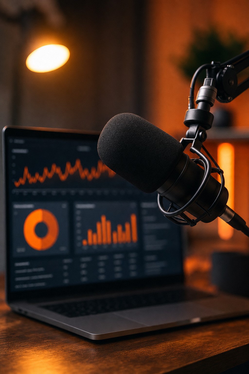 A podcast host wearing headphones sits across from a guest at a wooden table, both smiling. The studio has warm lighting and a microphone boom. Cinematic style. Alt: Profitable Founder Podcast recording session for SaaS founders.