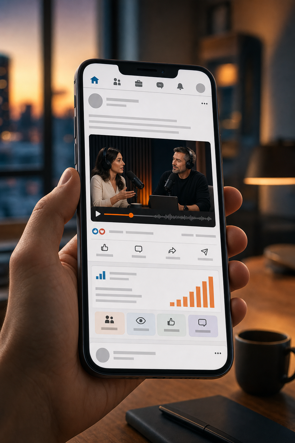 A modern office with large monitors displaying podcast analytics and media kits. A team of two reviews a sponsorship proposal. Cinematic style. Alt: Two marketers reviewing a podcast sponsorship proposal on screens.