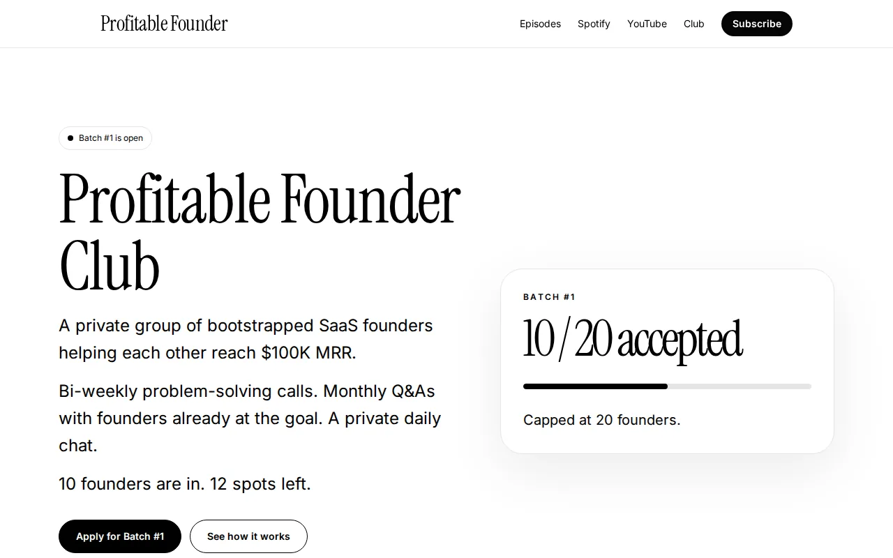 Screenshot of the Profitable Founder Club website