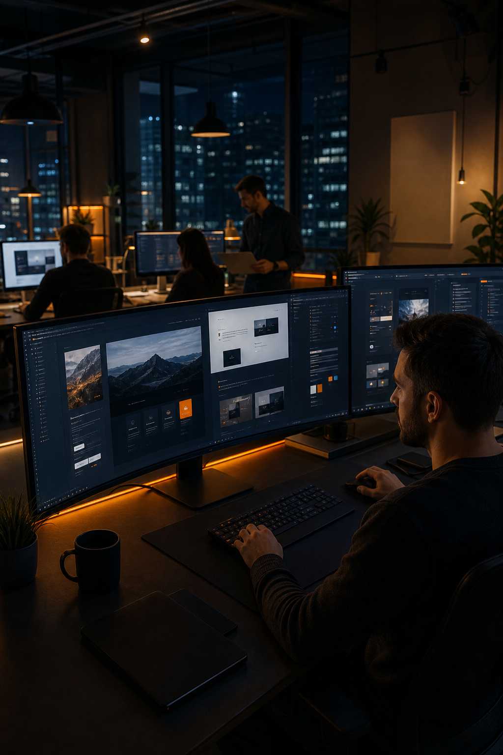 A cinematic, photorealistic scene of a modern web design studio at night, multiple ultrawide monitors glowing with a premium dark-themed SaaS website interface, orange accent lighting, a team visible in the background, high-tech atmosphere. Alt: SaaS website design agency team building AI-enhanced web experiences at Umania Labs.