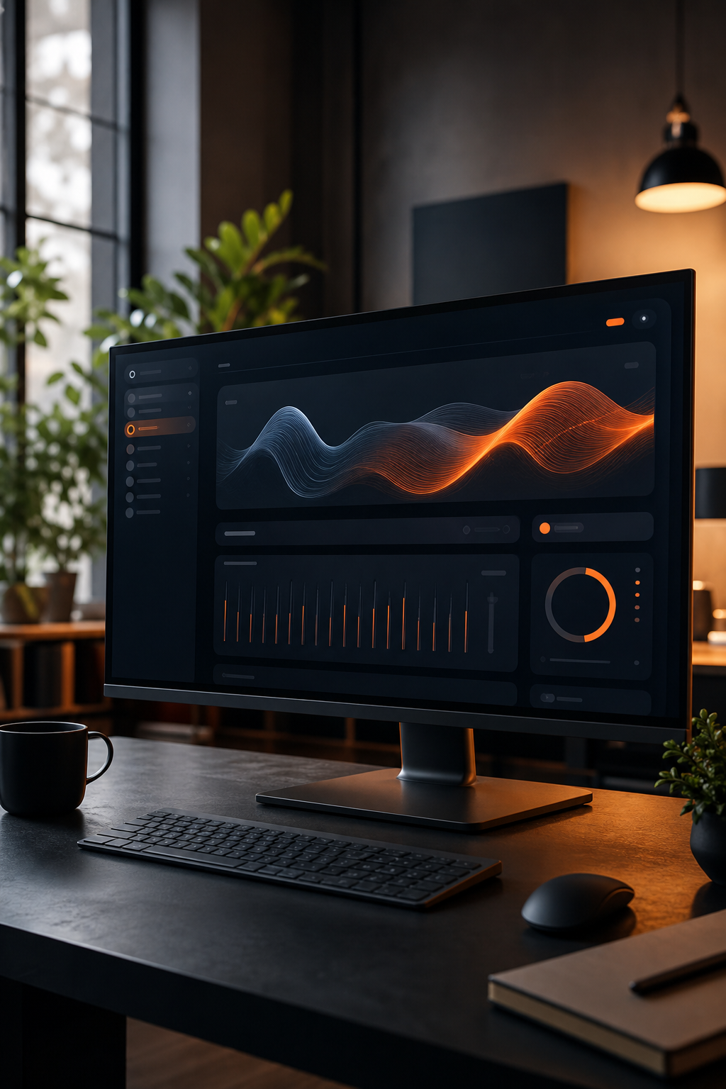 A photorealistic scene of a sleek, dark-themed interactive web interface displayed on a large monitor in a modern design studio, showing smooth motion animations and glowing microinteraction elements with deep blue and orange highlights. Alt: Premium SaaS motion and interaction design work at a top-tier design agency.