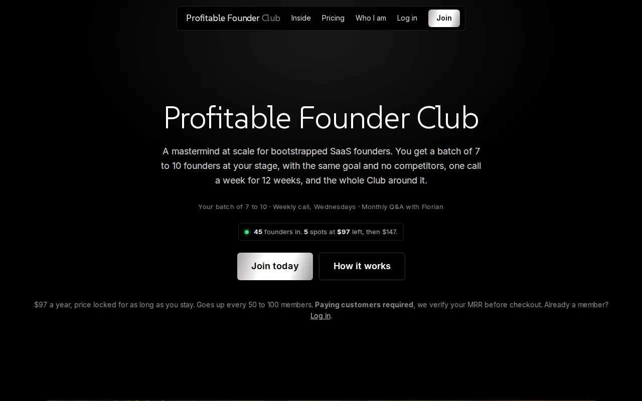 Screenshot of the Profitable Founder Club website