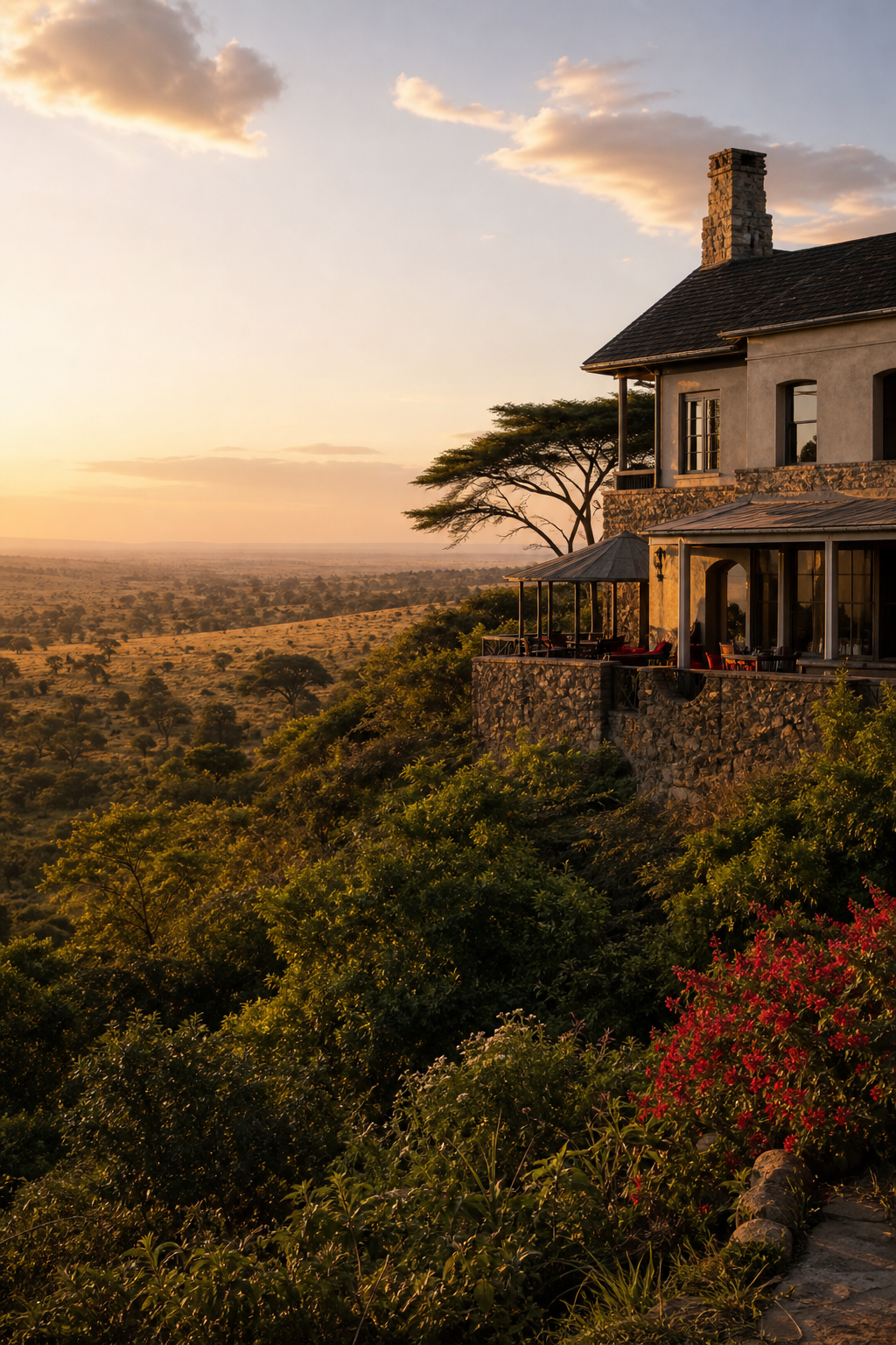 A stone manor-house safari lodge perched on a hill above a golden grassland, warm afternoon light, African acacia trees in the background, no text. Alt: Singita Sasakwa manor lodge overlooking the Grumeti Reserve, Tanzania.
