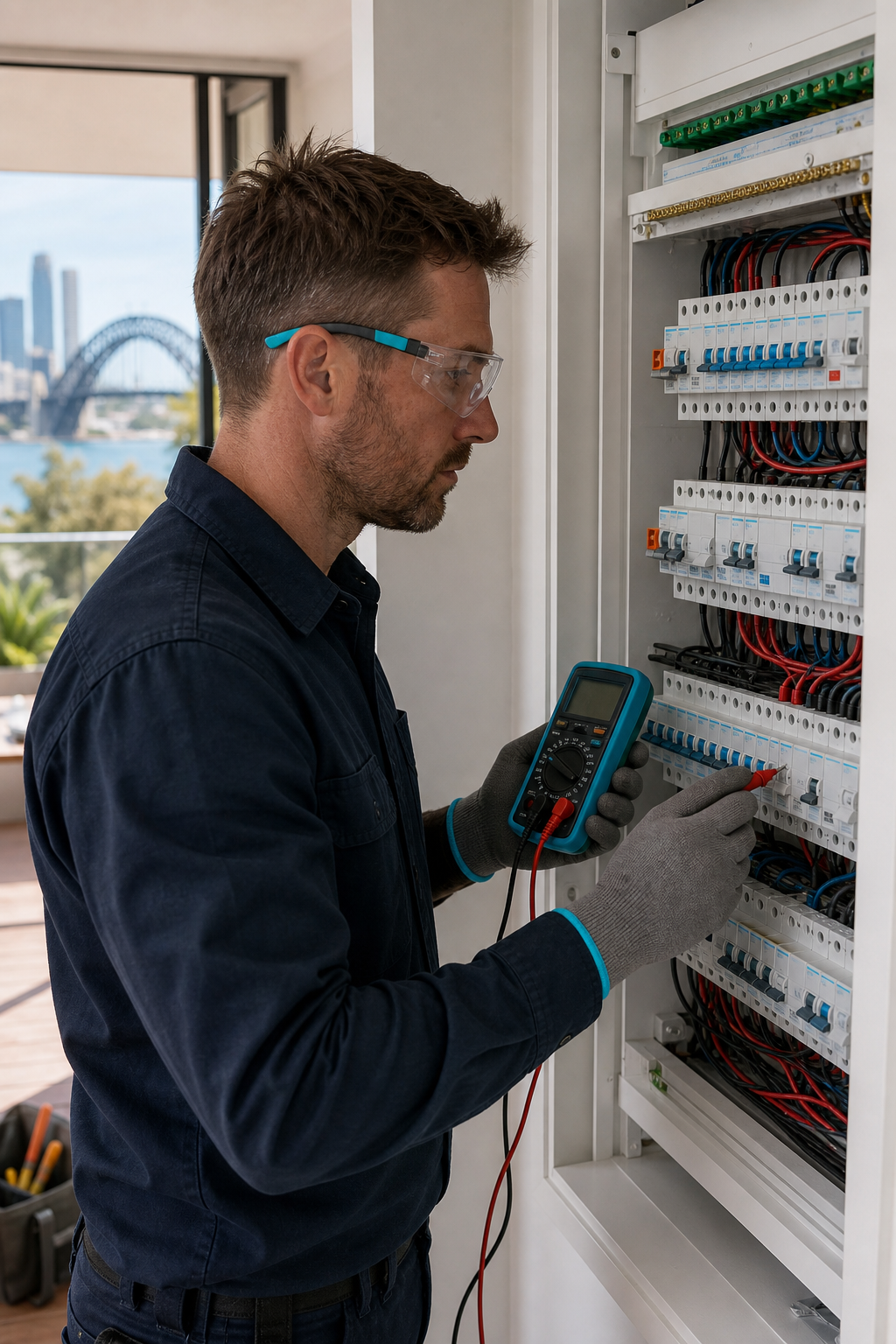 A licensed electrician from Faze Electrical inspecting a modern switchboard with a multimeter, wearing safety gloves and glasses. The switchboard is well-lit with labeled circuit breakers and safety switches. Alt: Faze Electrical electrician inspecting switchboard for safety switch and circuit breaker installation