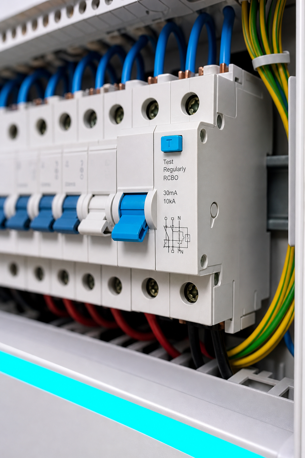 A close-up of an RCBO installed in a switchboard, showing the test button and labeling. The switchboard is neat with wires color-coded. Alt: RCBO combining safety switch and circuit breaker functions in a residential switchboard