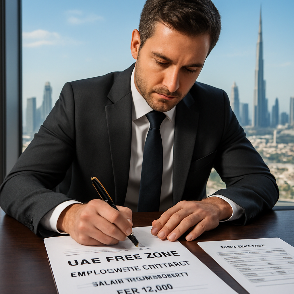 An entrepreneur signing a UAE free zone employment contract at a desk, Dubai skyline in background. Alt: salary requirement for uae free zone visa shown on contract and bank statement.
