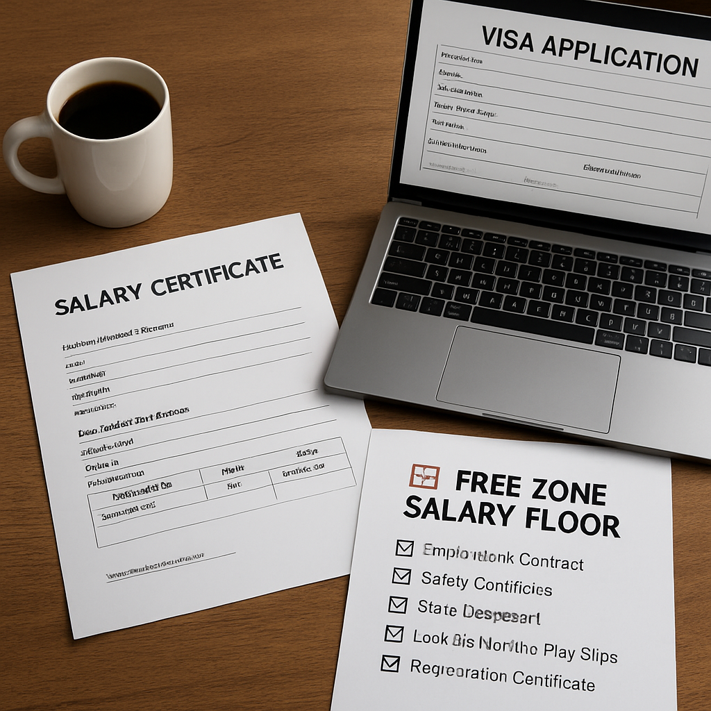 A desk with a salary certificate, bank statement, and free‑zone salary‑floor PDF spread out, a coffee mug beside them, and a laptop showing a visa application form. Alt: Detailed salary proof checklist for UAE free zone visa.