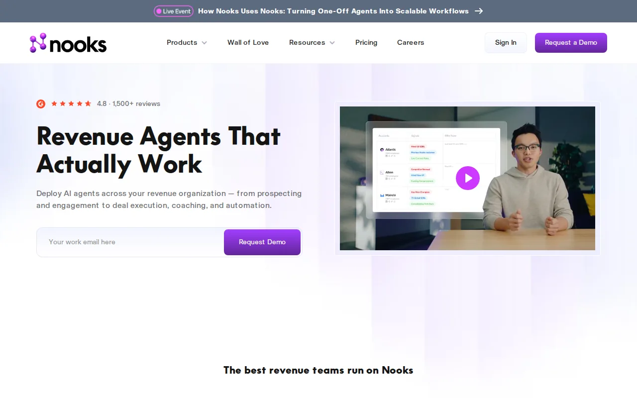Screenshot of the Nooks: Real-time call coaching for sales teams website