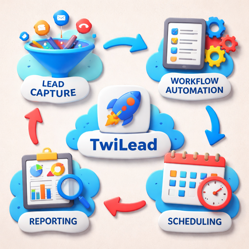 A claymation style illustration of a simple flowchart showing lead capture, workflow automation, scheduling, and reporting, with bright colors and clear icons. Alt: sales automation tools workflow diagram.